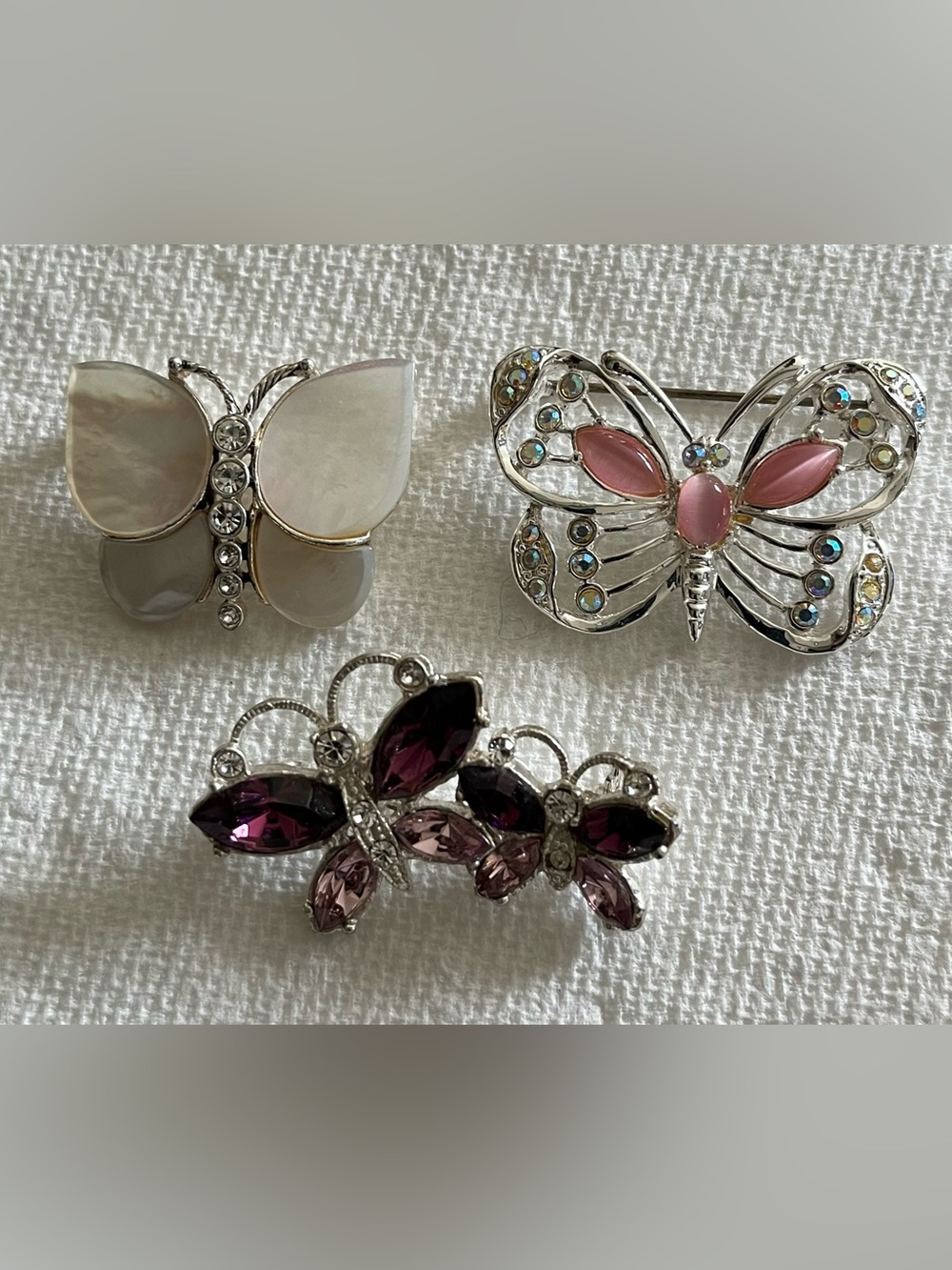 Butterfly Trio Brooch Set - Pink, White & Purple Accents